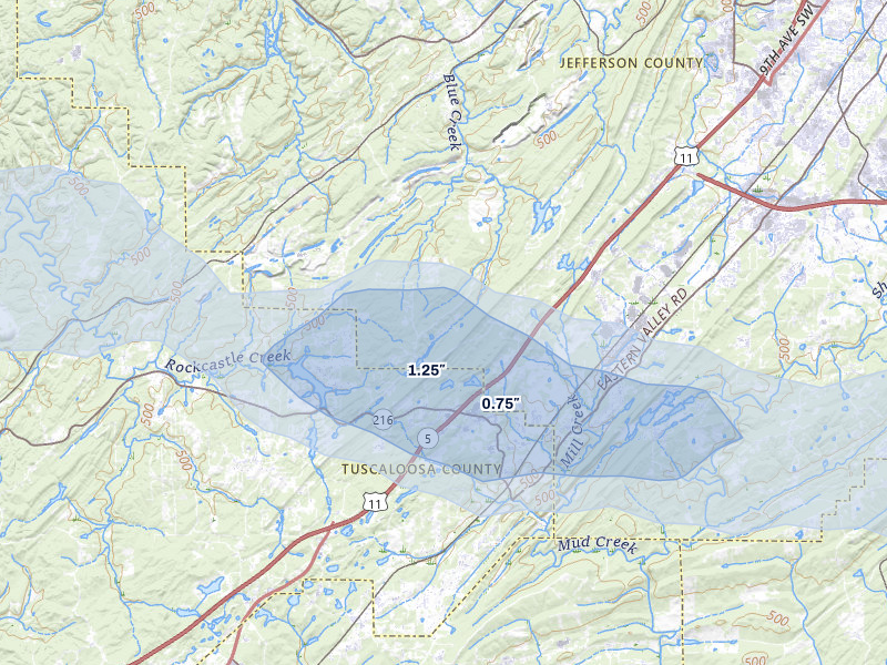 NEXRAD radar-signature map of the hail storm over Mc Calla, AL on Apr 28, 2026