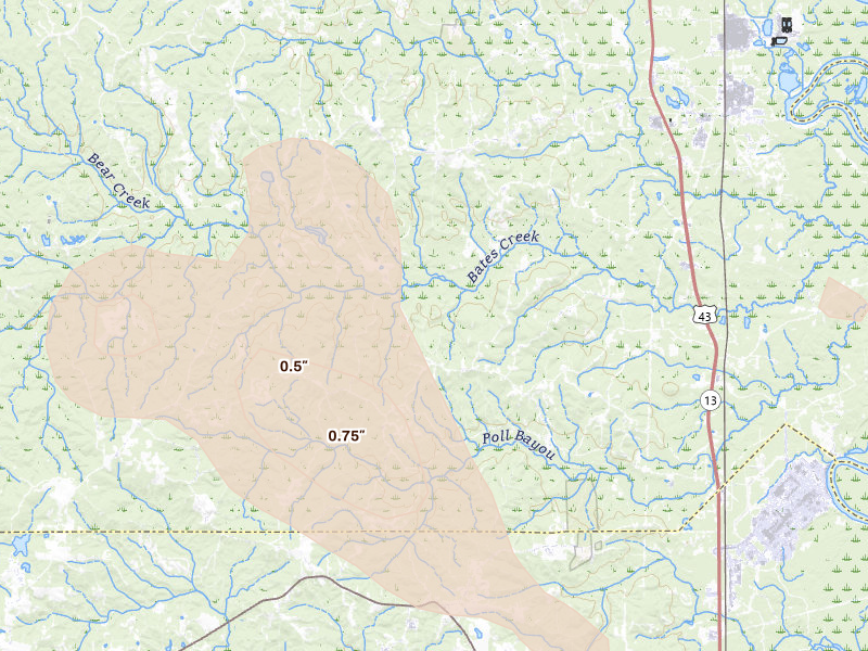 Radar-estimated hail-size map of the storm over Mc Intosh, AL on Jun 23, 2026