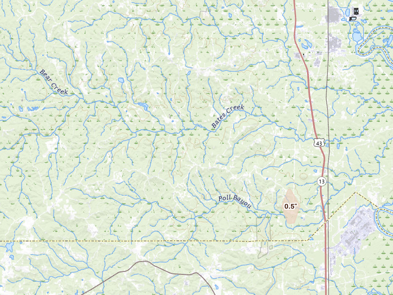 Radar-estimated hail-size map of the storm over Mc Intosh, AL on Jul 10, 2026