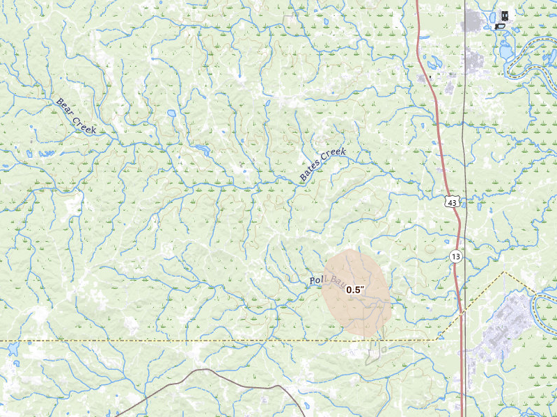 Radar-estimated hail-size map of the storm over Mc Intosh, AL on Aug 17, 2026