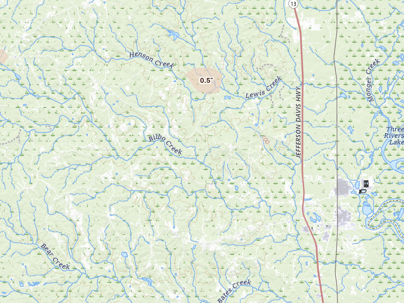 Radar-estimated hail-size map of the storm over Mc Intosh, AL on Aug 19, 2026
