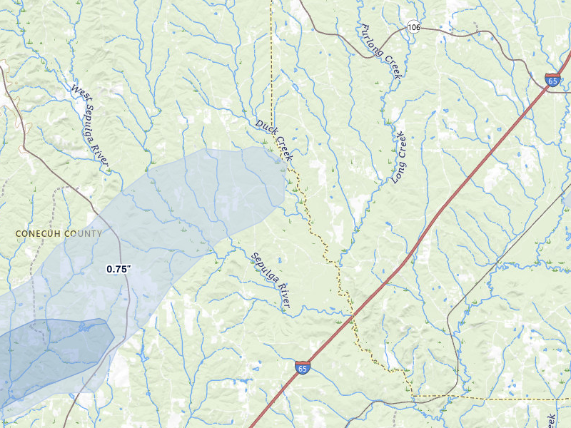 NEXRAD radar-signature map of the hail storm over Mc Kenzie, AL on May 6, 2026