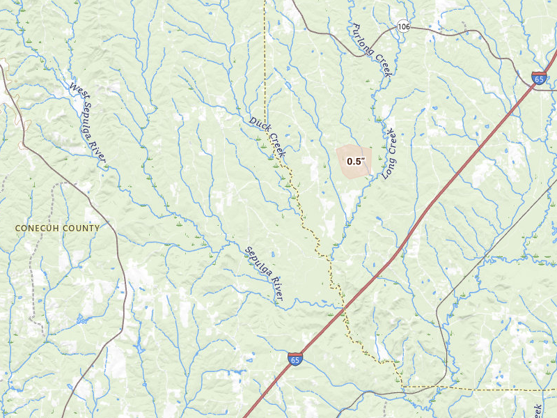 Radar-estimated hail-size map of the storm over Mc Kenzie, AL on Aug 19, 2026