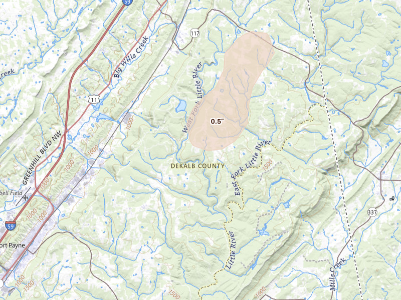 Radar-estimated hail-size map of the storm over Mentone, AL on Jul 3, 2026