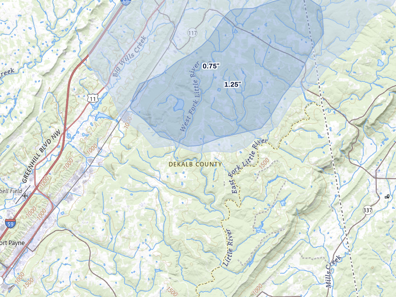 NEXRAD radar-signature map of the hail storm over Mentone, AL on Jul 3, 2026
