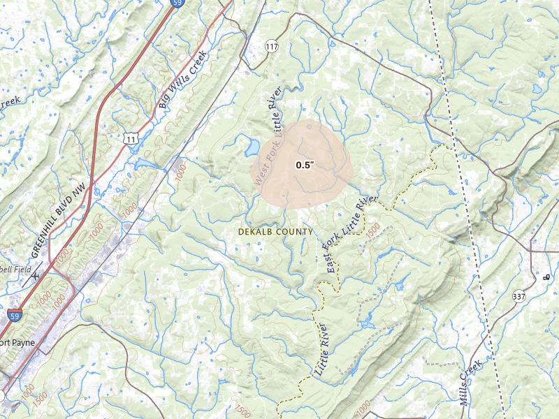 Radar-estimated hail-size map of the storm over Mentone, AL on Jul 19, 2026