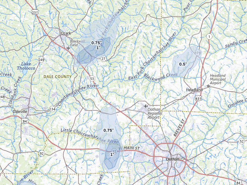 NEXRAD radar-signature map of the hail over Midland City, AL