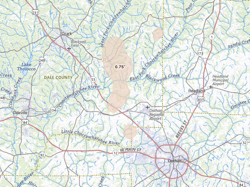 Radar-estimated hail-size map of the storm over Midland City, AL on Apr 4, 2026