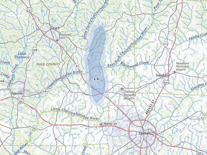 NEXRAD radar-signature map of the hail storm over Midland City, AL on Apr 4, 2026