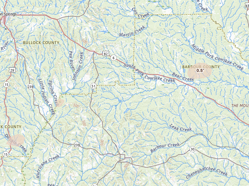 Radar-estimated hail-size map of the storm over Midway, AL on Jun 22, 2026