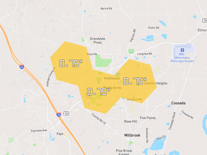 Hail map of Millbrook, AL on Jul 1, 2026, hail up to 0.75"