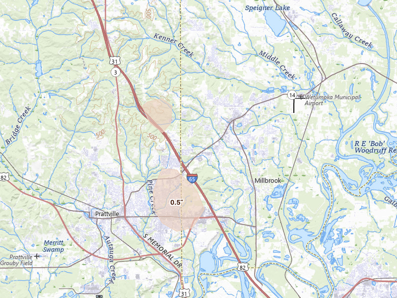 Radar-estimated hail-size map of the storm over Millbrook, AL on Aug 15, 2026