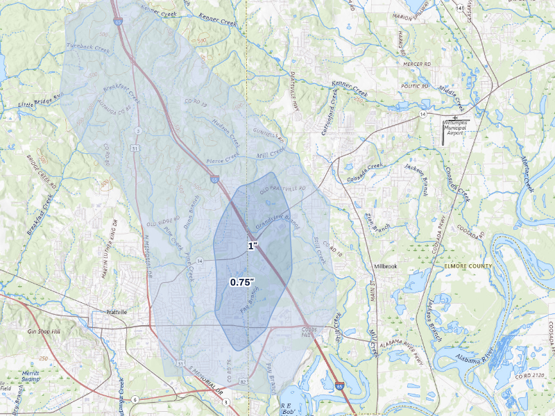 NEXRAD radar-signature map of the hail storm over Millbrook, AL on Aug 15, 2026