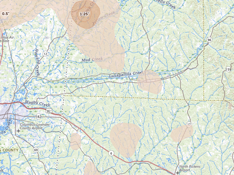 Radar-estimated hail-size map of the storm over Millport, AL on Jun 1, 2026