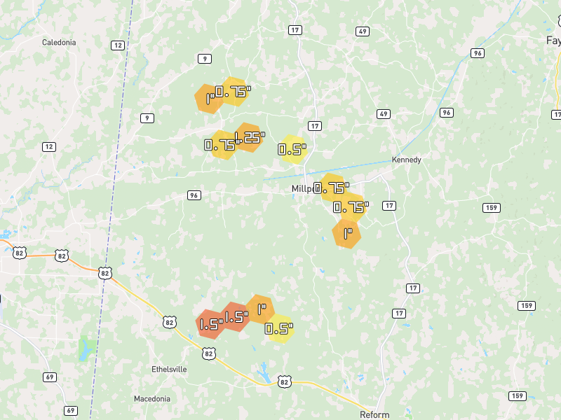 Hail map of Millport, AL on Jun 1, 2026, hail up to 1.5"