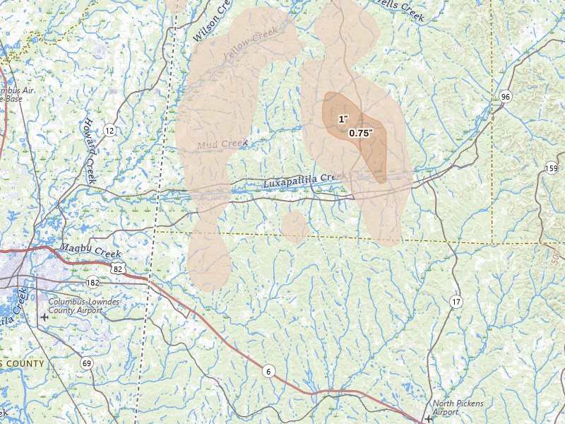 Radar-estimated hail-size map of the storm over Millport, AL on Jul 3, 2026