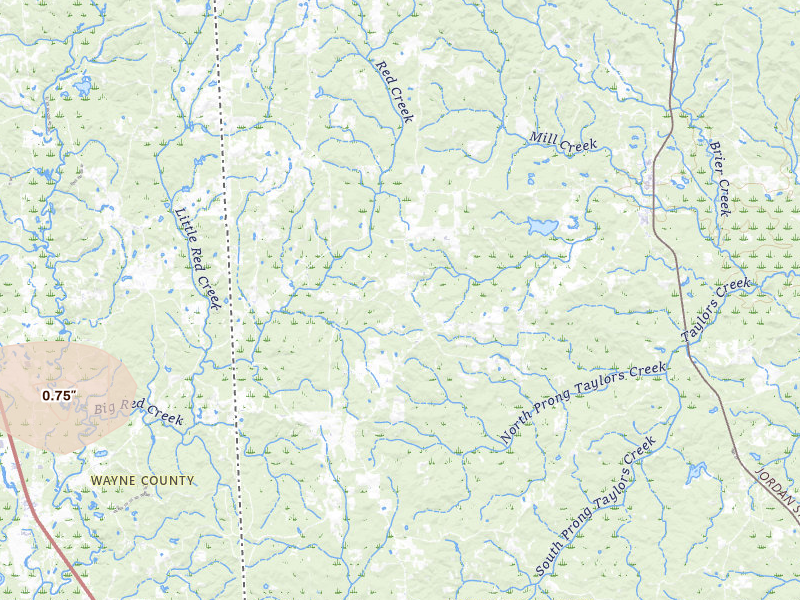 Radar-estimated hail-size map of the storm over Millry, AL on Jul 5, 2026