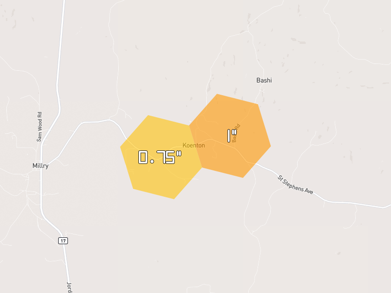 Hail map of Millry, AL on Jul 5, 2026, hail up to 1"