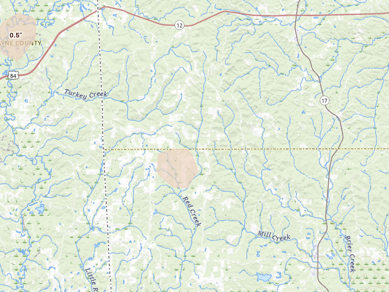 Radar-estimated hail-size map of the storm over Millry, AL on Aug 26, 2026