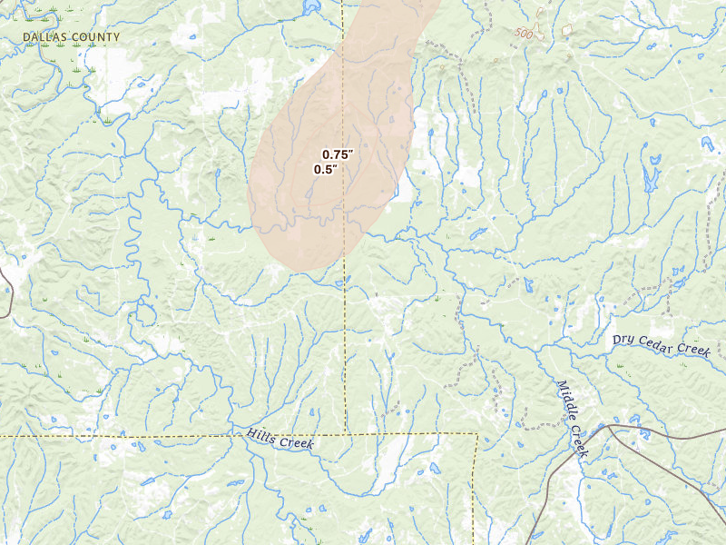 Radar-estimated hail-size map of the storm over Minter, AL on Aug 18, 2026