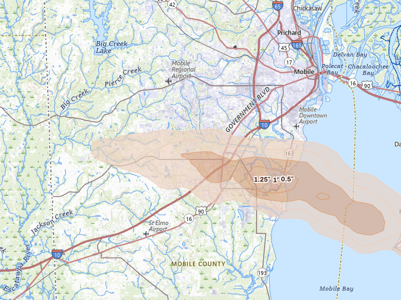 Radar-estimated hail-size map of the storm over Mobile, AL on May 7, 2026