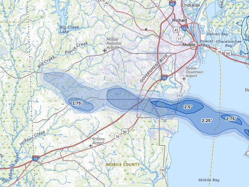 NEXRAD radar-signature map of the hail storm over Mobile, AL on May 7, 2026