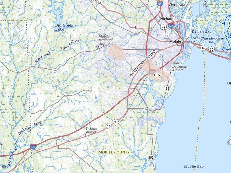 Radar-estimated hail-size map of the storm over Mobile, AL on Jun 19, 2026