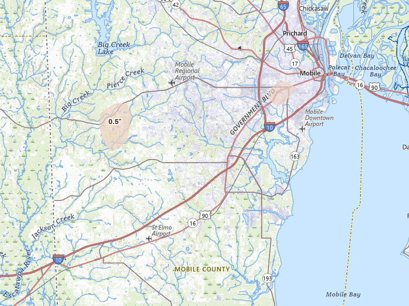 Radar-estimated hail-size map of the storm over Mobile, AL on Jun 24, 2026