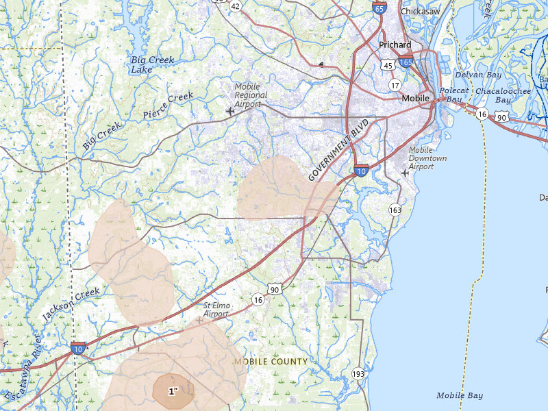 Radar-estimated hail-size map of the storm over Mobile, AL on Jun 30, 2026