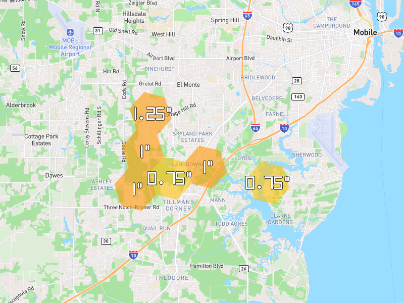 Hail map of Mobile, AL on Jun 30, 2026, hail up to 1.25"