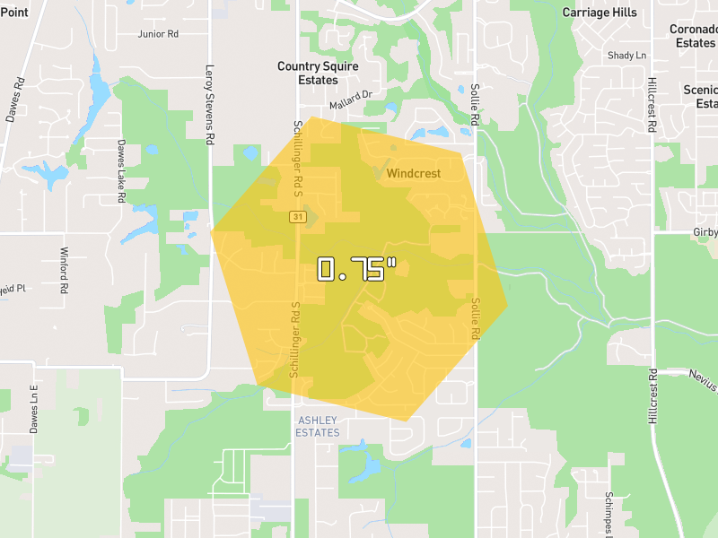 Hail map of Mobile, AL on Jul 1, 2026, hail up to 0.75"