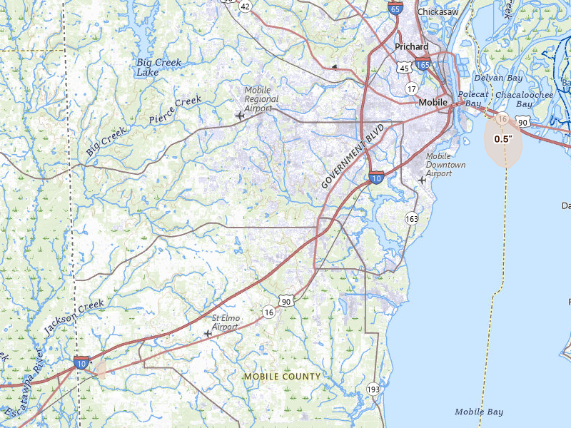 Radar-estimated hail-size map of the storm over Mobile, AL on Jul 18, 2026