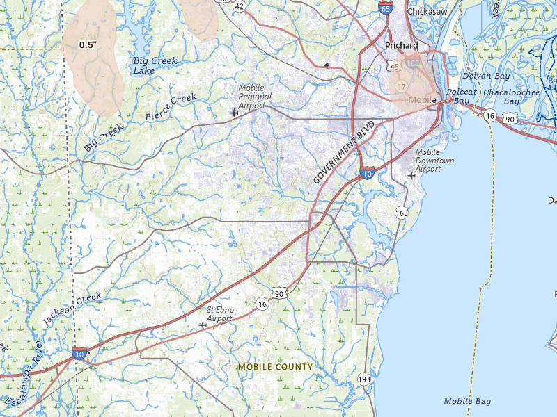 Radar-estimated hail-size map of the storm over Mobile, AL on Jul 30, 2026