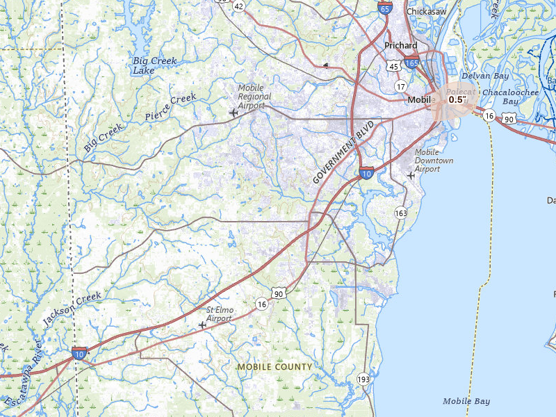 Radar-estimated hail-size map of the storm over Mobile, AL on Jul 31, 2026