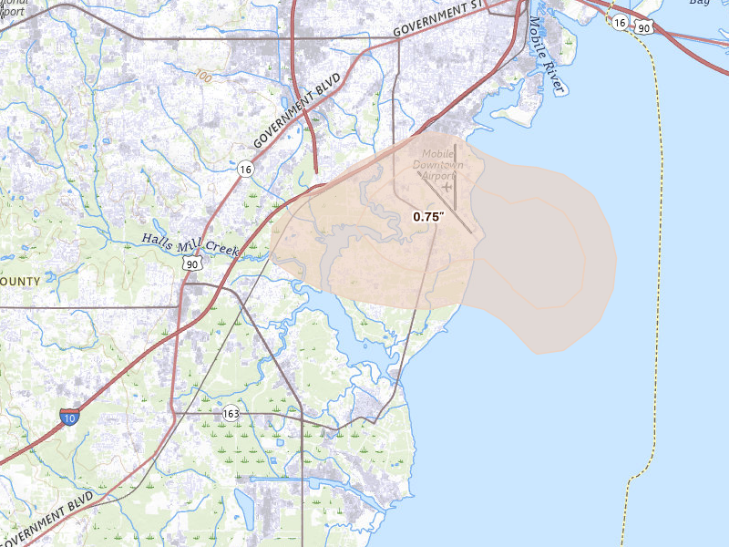 Radar-estimated hail-size map of the storm over Mobile, AL on Aug 19, 2026