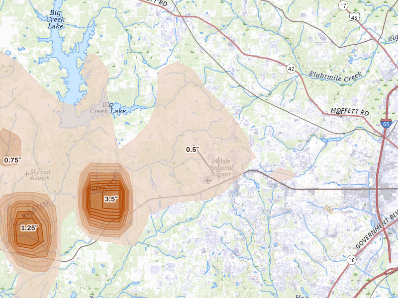 Radar-estimated hail-size map of the storm over Mobile, AL on Aug 20, 2026