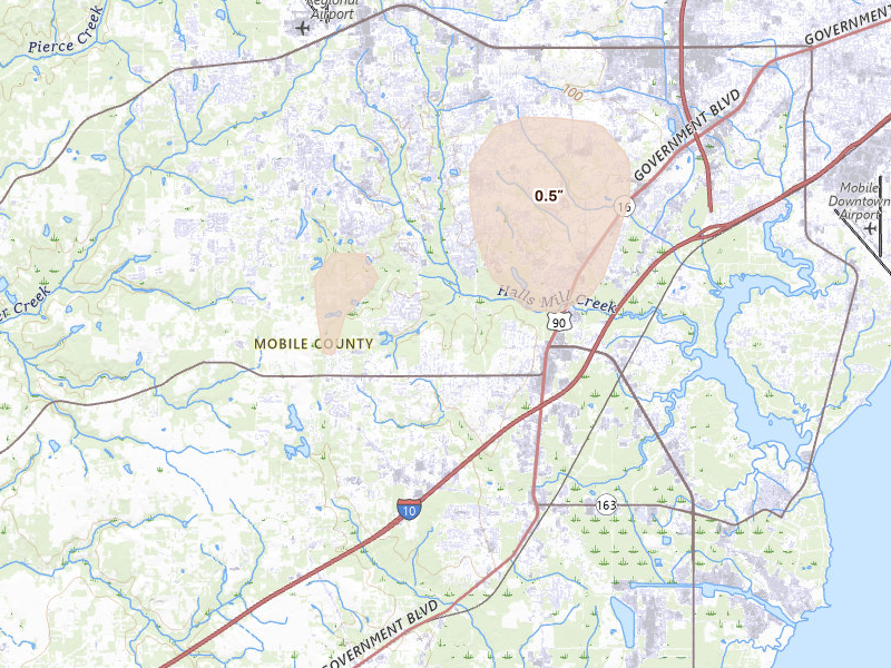 Radar-estimated hail-size map of the storm over Mobile, AL on Aug 23, 2026