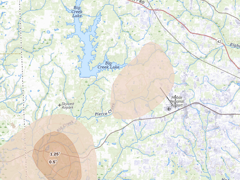 Radar-estimated hail-size map of the storm over Mobile, AL on Aug 26, 2026