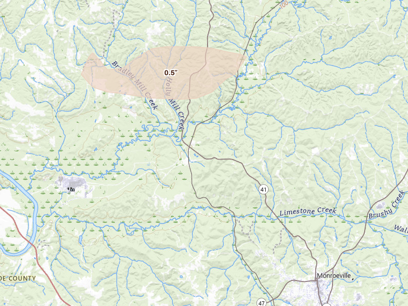 Radar-estimated hail-size map of the storm over Monroeville, AL on Apr 29, 2026