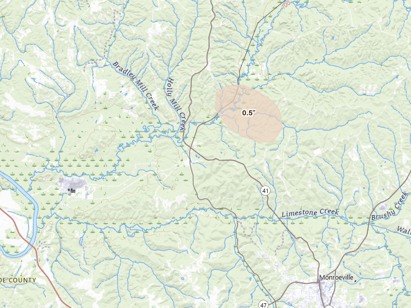 Radar-estimated hail-size map of the storm over Monroeville, AL on Jul 6, 2026