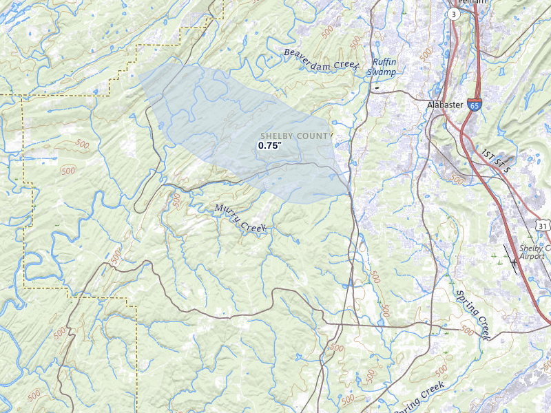 NEXRAD radar-signature map of the hail storm over Montevallo, AL on Jul 29, 2026