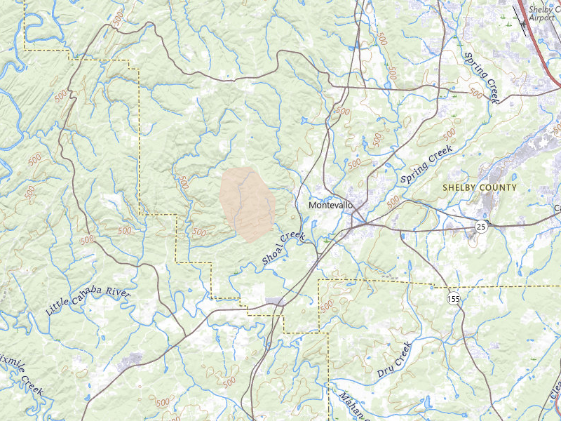 Radar-estimated hail-size map of the storm over Montevallo, AL on Aug 21, 2026
