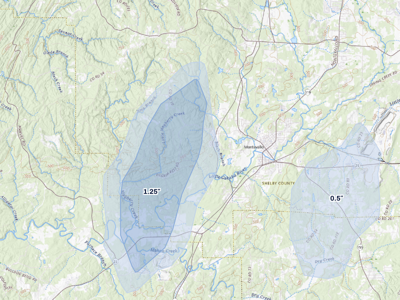 NEXRAD radar-signature map of the hail storm over Montevallo, AL on Aug 21, 2026