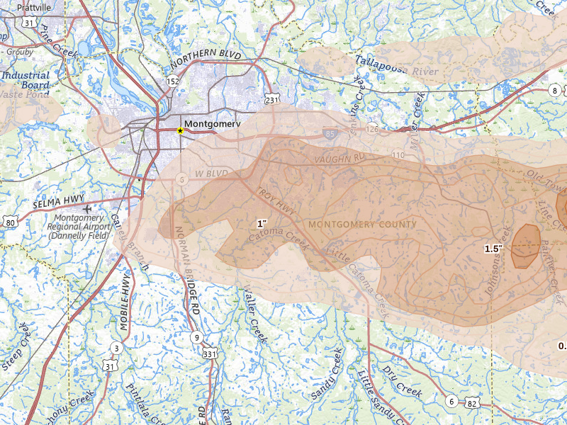 Radar-estimated hail-size map of the storm over Montgomery, AL on May 6, 2026