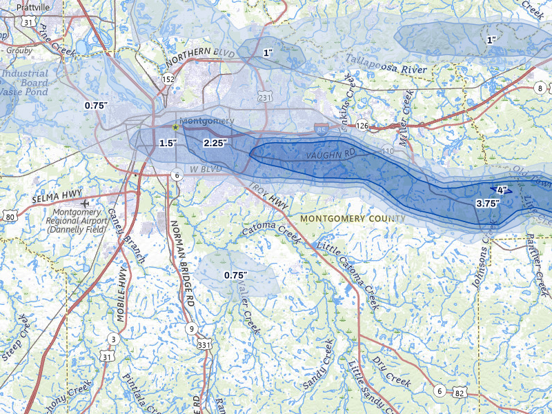 NEXRAD radar-signature map of the hail storm over Montgomery, AL on May 6, 2026
