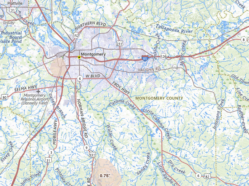 Radar-estimated hail-size map of the storm over Montgomery, AL on Jun 1, 2026