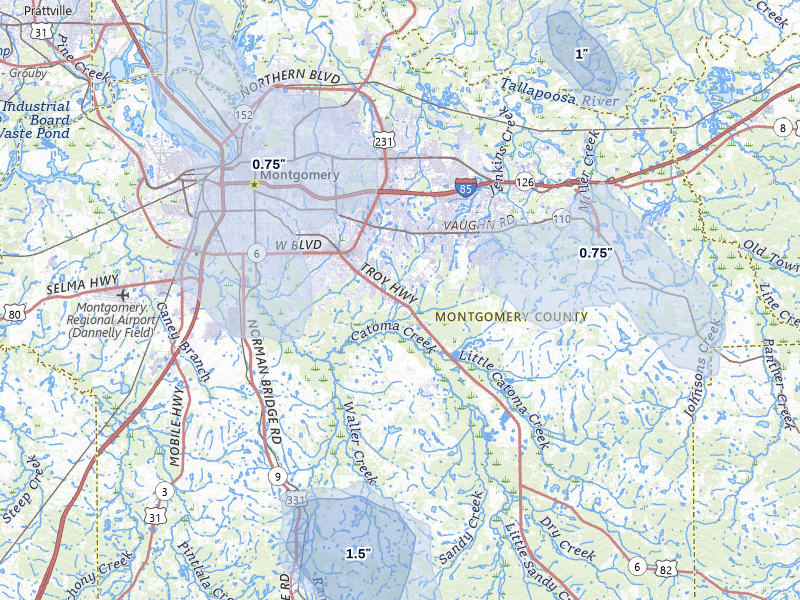 NEXRAD radar-signature map of the hail storm over Montgomery, AL on Jun 1, 2026