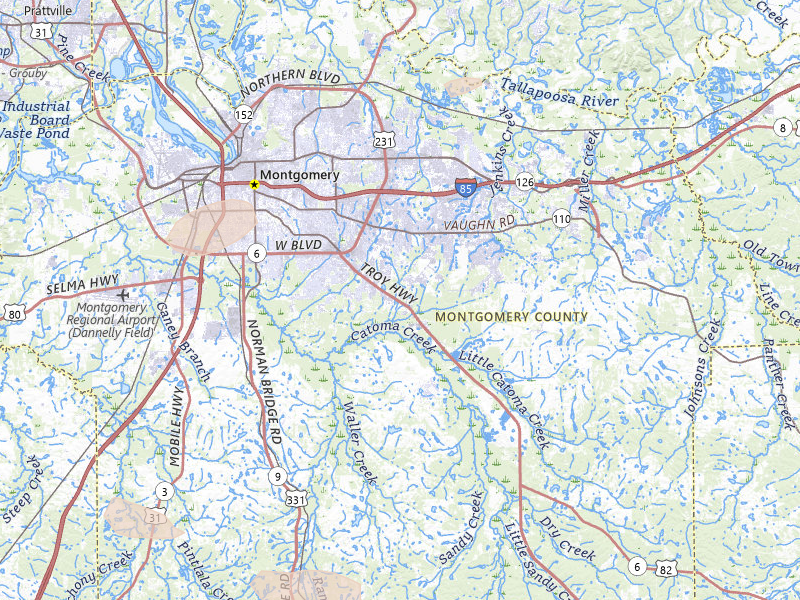 Radar-estimated hail-size map of the storm over Montgomery, AL on Jun 30, 2026