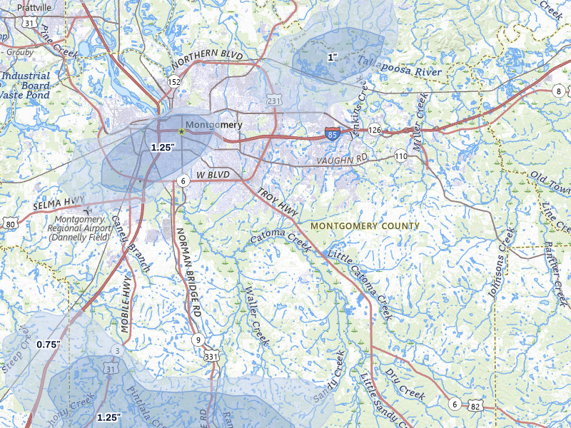 NEXRAD radar-signature map of the hail storm over Montgomery, AL on Jun 30, 2026