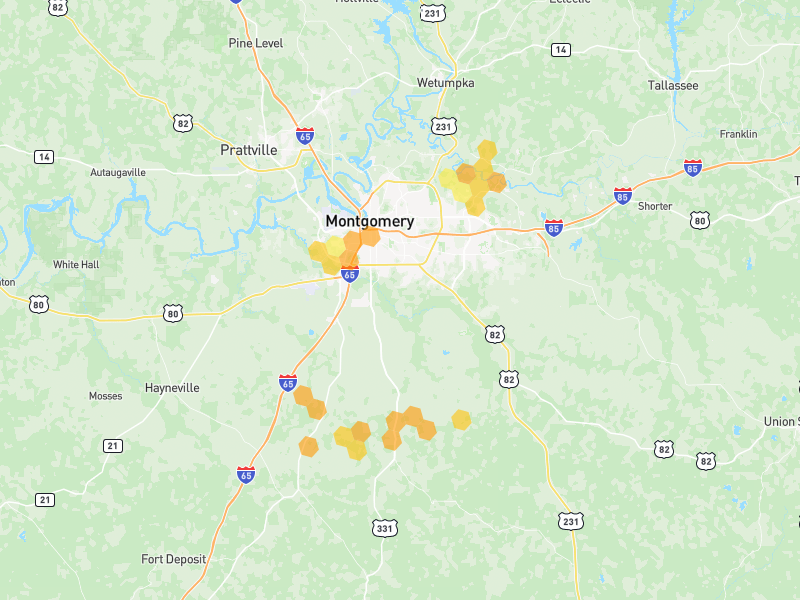 Hail map of Montgomery, AL on Jul 1, 2026, hail up to 1.25"